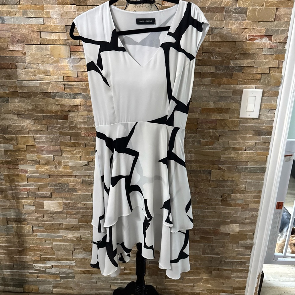 White and Black Abstract Print High-Low Dress by Ivana Trump